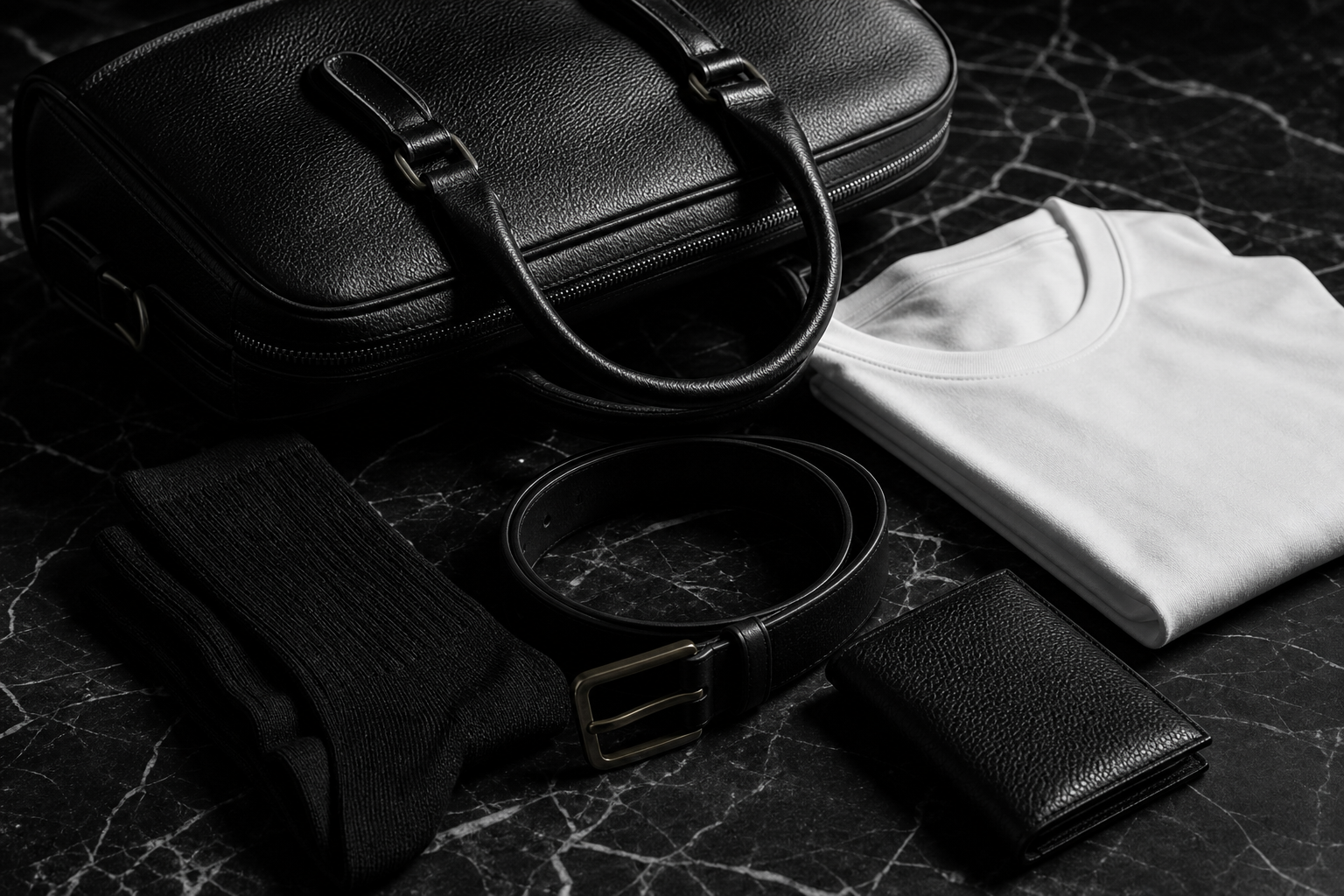 Premium leather accessories flat lay